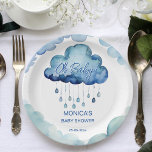 Plato De Papel Plantilla de ducha para bebé en nube<br><div class="desc">Oh Nena nube de placas de ducha de bebé placas decoración de vajilla personalizada lindo color de agua nubes azules con gotas de lluvia bebé ducha placas personalizadas</div>