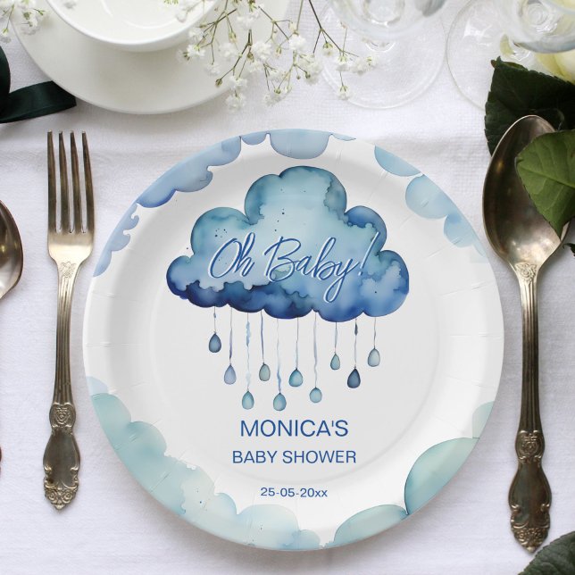 Plato De Papel Plantilla de ducha para bebé en nube (Oh Baby blue whimsical cloud baby shower template Paper Plates personalized tableware decor)
