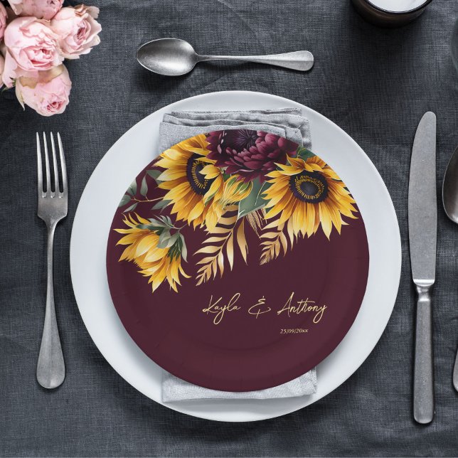 Plato De Papel Plantilla de girasoles burdeos boda de verano otoñ (Fall summer wedding burgundy sunflowers template paper plates personalized wedding tableware decor)