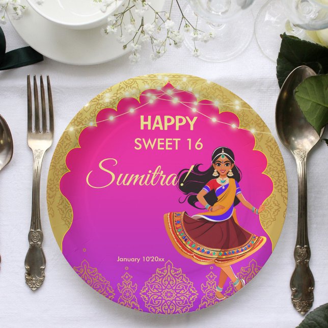 Plato De Papel Plantilla de la fiesta de cumpleaños de las niñas  (Indian Bollywood girls birthday party template printed Paper Plates pink and gold cute cartoon)