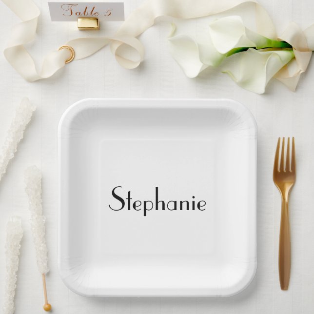 Plato De Papel Plantilla de monograma Personalizado blanco negro (Boda)