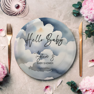 Plato De Papel Plantilla de nubes grises para bebé bebé de bebé h