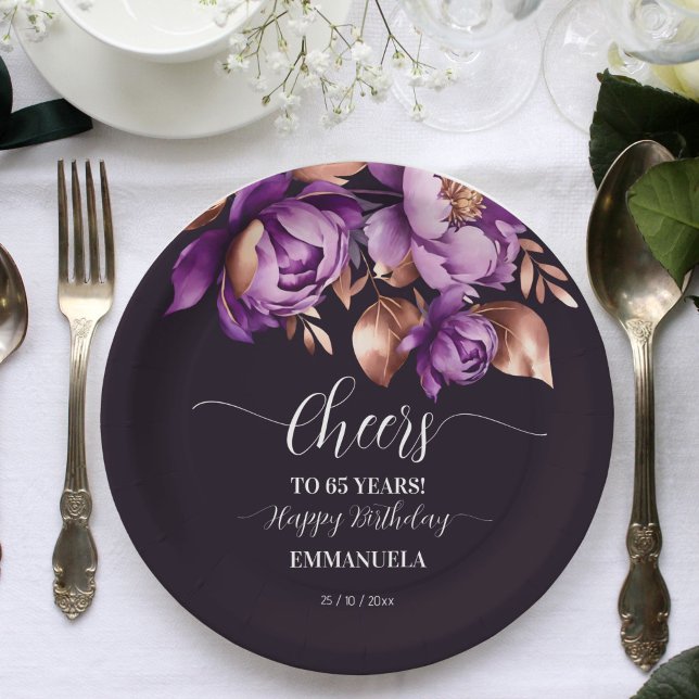 Plato De Papel Plantilla de peonatos púrpura de la fiesta de cump (Adults Birthday party tableware purple peonies template Paper Plates  rose gold floral party plates)