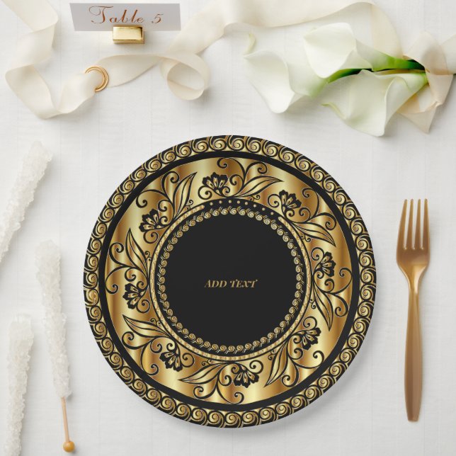 Plato De Papel PLANTILLA elegante en negro y oro (Boda)