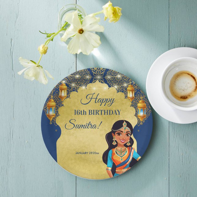 Plato De Papel Plantilla impresa de la fiesta de cumpleaños de ch (Indian style girls birthday party printed template paper plates personalized table decor blue gold)
