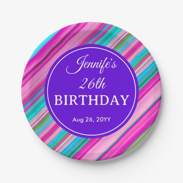 Plato De Papel Plantilla personalizada de cumpleaños con rayas de (Anverso)
