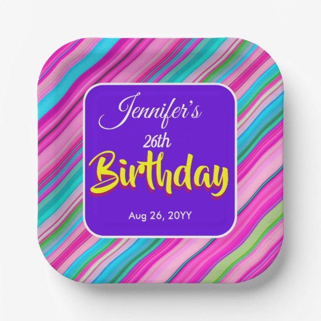 Plato De Papel Plantilla personalizada de cumpleaños con rayas de (Anverso)