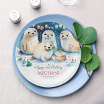 Plato De Papel Plantilla personalizada de cumpleaños de foca árti<br><div class="desc">Cables de focas de bebé ártico fiesta de cumpleaños planilla de papel personalizado,  agua color invierno maravilla lindo bebé focas tener un fiesta con un pastel de cumpleaños niños con temática de invierno cumpleaños decoración de mesa personalizada</div>