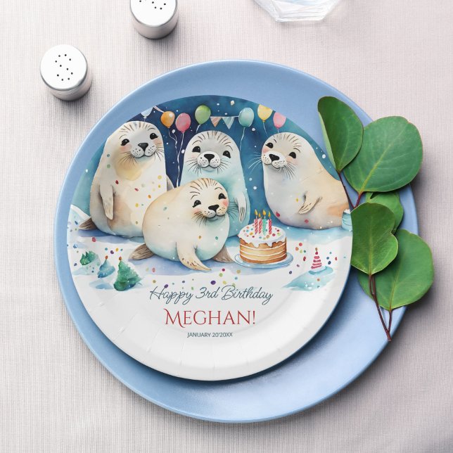 Plato De Papel Plantilla personalizada de cumpleaños de foca árti (Arctic seal winter wonderland birthday party personalized template paper plates table decor)