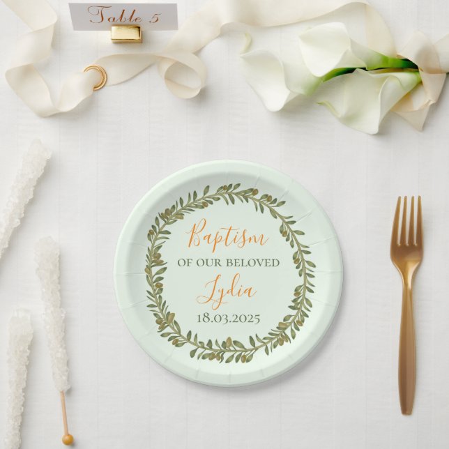 Plato De Papel Plástico de bautismo personalizado con aceitunas (Boda)