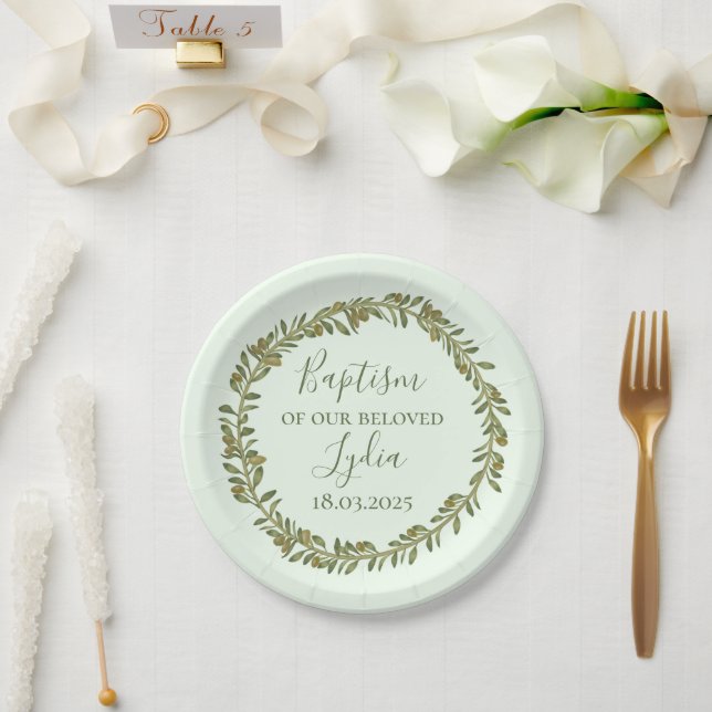 Plato De Papel Plástico de bautismo personalizado con aceitunas (Boda)