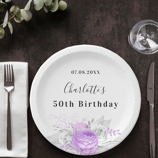 Plato De Papel Plata de flores violetas blancas de cumpleaños (Subido por el creador)