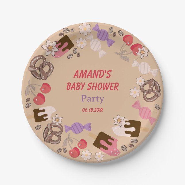 Plato De Papel Plata de papel beige de Baby Shower dulce y salado (Anverso)