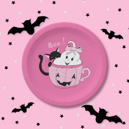 Plato De Papel Plata de papel de Halloween rosa travieso - Gato f