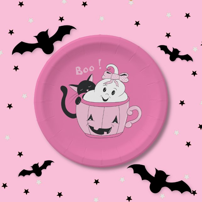 Plato De Papel Plata de papel de Halloween rosa travieso - Gato f (Spooky cute ghost and black cat pink Halloween round paper plate .)