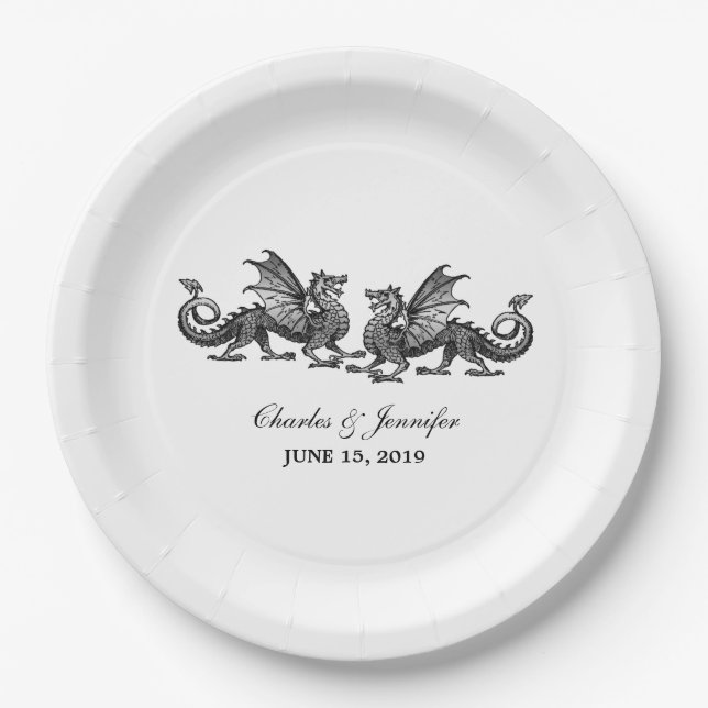 Plato De Papel Plata Dragones Elegantes Placas de papel Boda (Anverso)