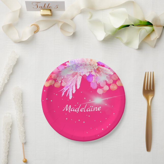 Plato De Papel Plata moderna rosa floral personal (Boda)