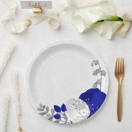 Plato De Papel plata real azul y flores blancas