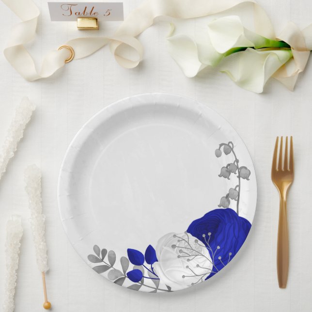 Plato De Papel plata real azul y flores blancas (Boda)