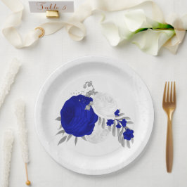 Plato De Papel plata real azul y flores blancas