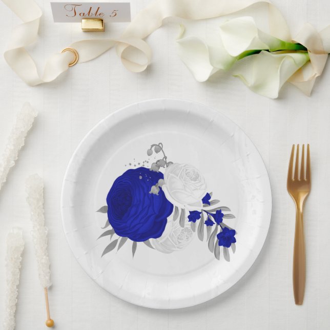 Plato De Papel plata real azul y flores blancas (Boda)
