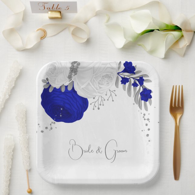 Plato De Papel plata real azul y flores blancas (Boda)