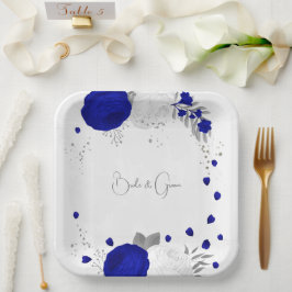 Plato De Papel plata real azul y flores blancas