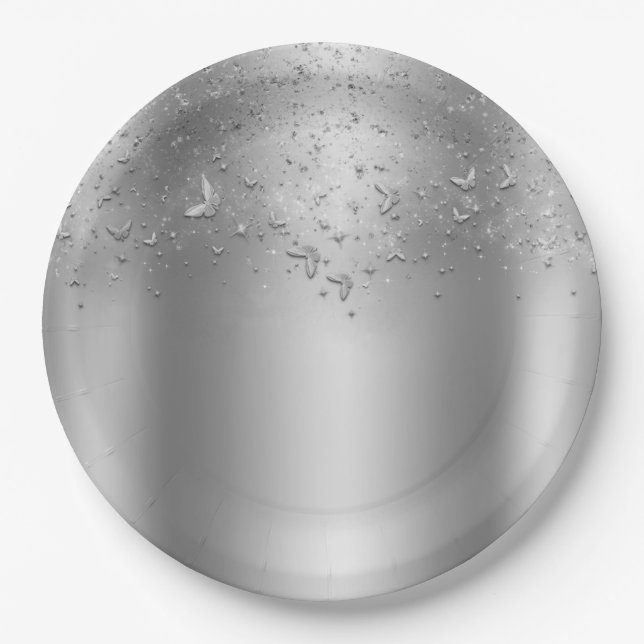 Plato De Papel Plata Shimmer Flutter Butterfly Sweet 16 Fiesta (Anverso)