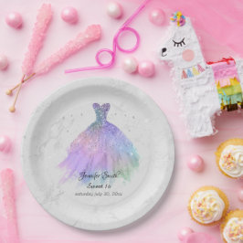 Plato De Papel Plata y arcoíris vestido purpurina dulce dieciséis