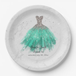 Plato De Papel Plata y vestido verde purpurina dulce dieciséis