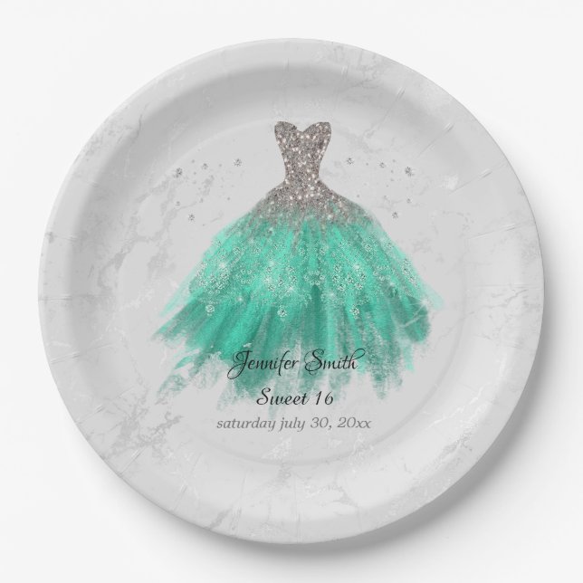 Plato De Papel Plata y vestido verde purpurina dulce dieciséis (Anverso)