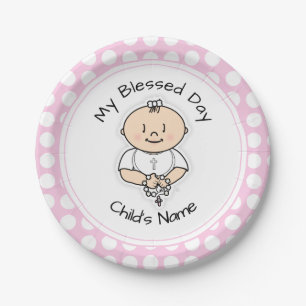 Plato De Papel Plate de bautismo 7" - Niña bebé con Rosario
