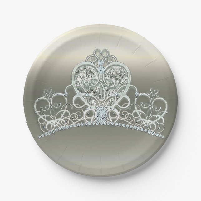 Plato De Papel Platinum Ivory Princess Heart Tiara Birthday Party (Anverso)