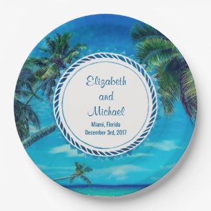 Plato De Papel Playa blanca arenosa con Boda de palmeras tropical