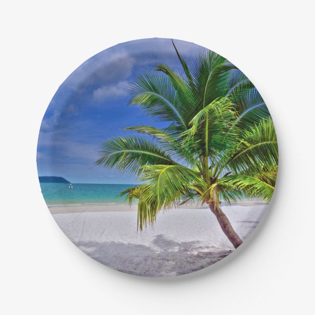 Plato De Papel Playa de Isla Tropical Palm Tree Perfecta (Anverso)