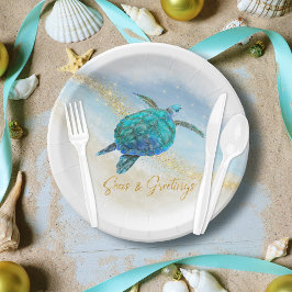 Plato De Papel Playa de Navidad Tortuga Marina Mares y Saludos