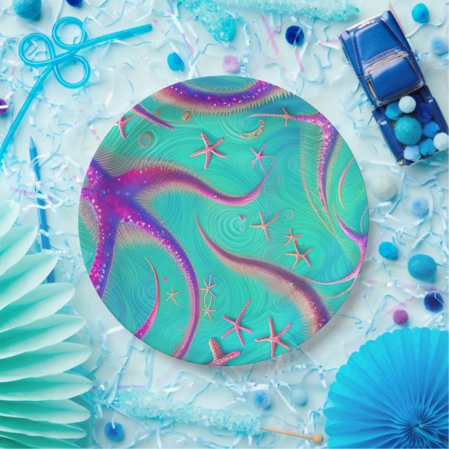 Plato De Papel Playa de pez estrella verde azulada y púrpura (Fiesta)
