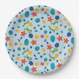 Plato De Papel Playa de verano con peces estrella, conchas y pied