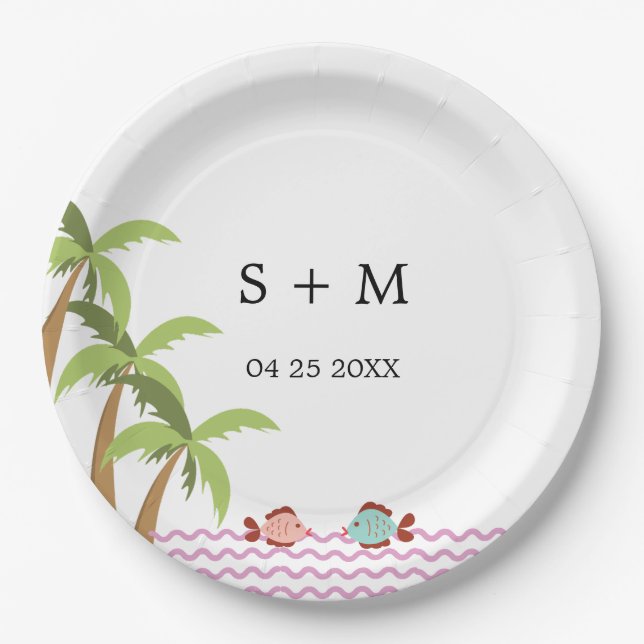 Plato De Papel Playa de verano de acuarela moderna (Anverso)