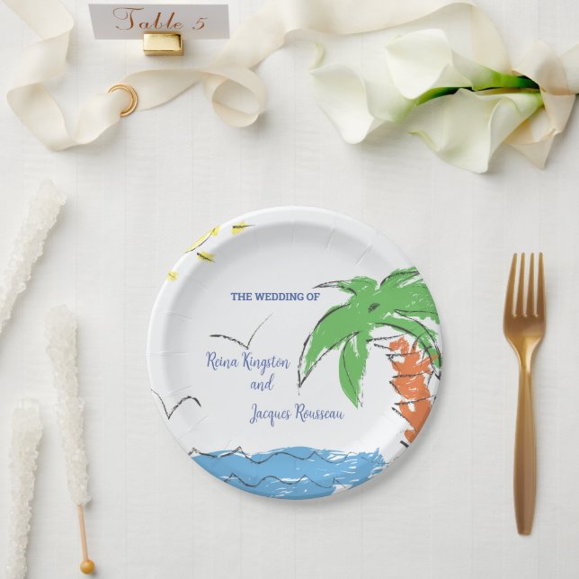 Plato De Papel Playa del tesoro personalizada con palmera (Boda)
