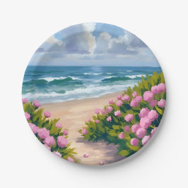 Plato De Papel Playa en Flor | Hortensia Rosa Costera Oceánica