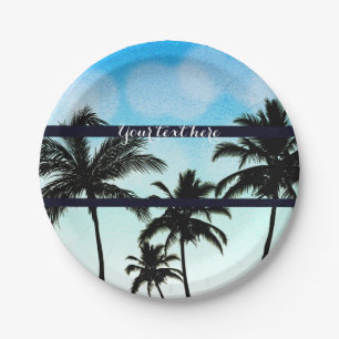 Plato De Papel Playa Fiesta Palmeras Tropical Blue Vintage Night