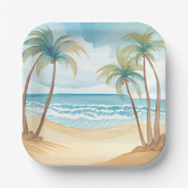 Plato De Papel Playa Hawaiana | Acuarela Tropical de Palma