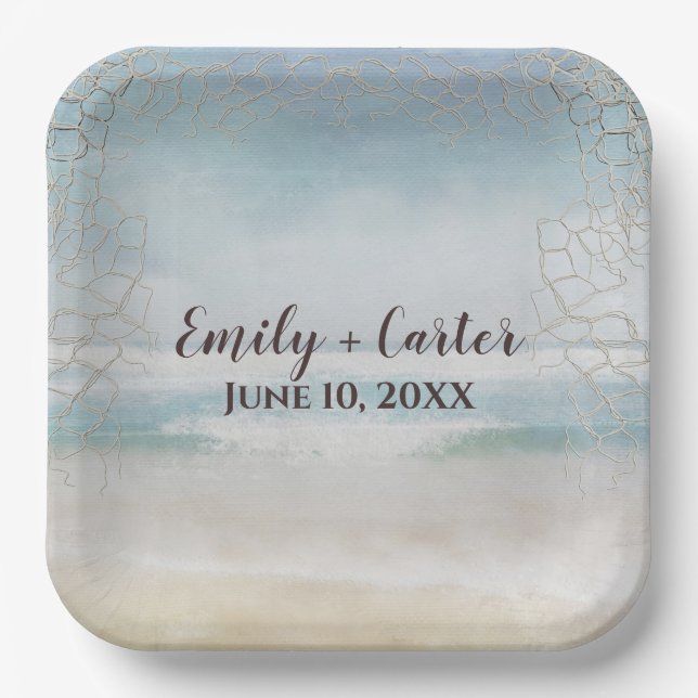 Plato De Papel Playa Océano boda Con Red (Anverso)