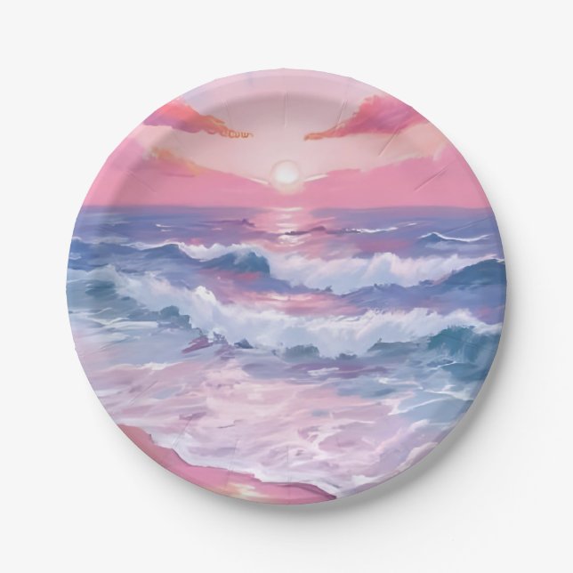 Plato De Papel Playa Rosa Orilla del Océano Pintada (Anverso)