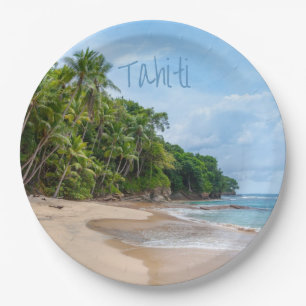 Plato De Papel Playa Tahiti Sand Blue Sky Palm Trees
