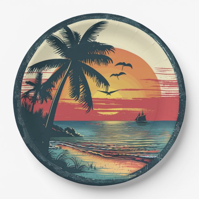 Plato De Papel Playa Temática Retro Beach Sunset Tropical Fiesta (Anverso)