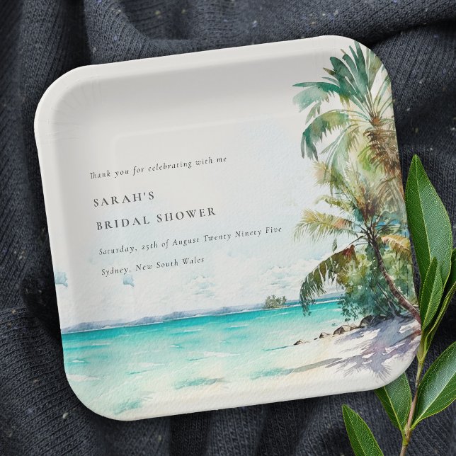 Plato De Papel Playa Tropical Acuarela Palm Trees Ducha Bridal (Subido por el creador)
