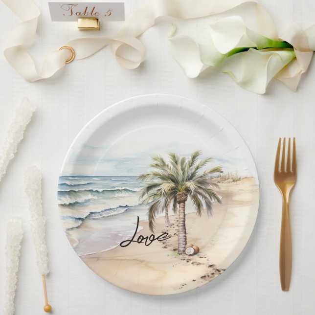 Plato De Papel Playa Tropical Aloha Coconuts Palmeras (Boda)