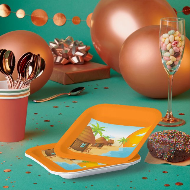 Plato De Papel Playa tropical con sombrillas de paja (Subido por el creador)